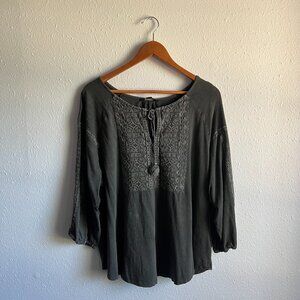 Lucky Brand Women's Gray Peasant Top - Tassel Tie Embroidery Hobo - Size 1X
